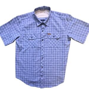 Orvis Shirt Mens XL Blue Plaid Short Sleeve Button Up Pockets Polyester